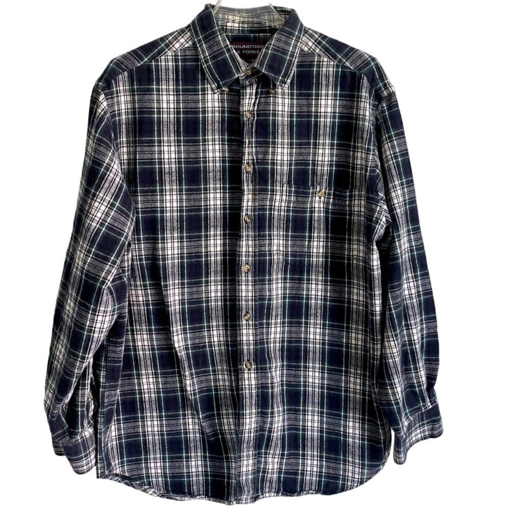 Roundtree & Yorke Green and White Long Sleeve Flannel Shirt Men's Large